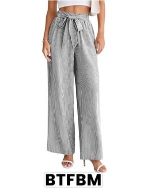 XXL Striped High Waist Wide Leg Trousers with Tie-Waist from BTFBM; NWT